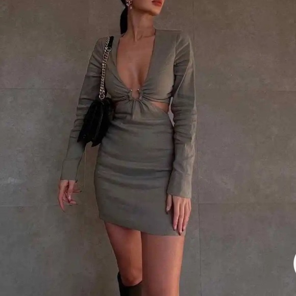 Zara Dresses & Skirts - Zara Khaki Stretchy Linen Shirt Dress